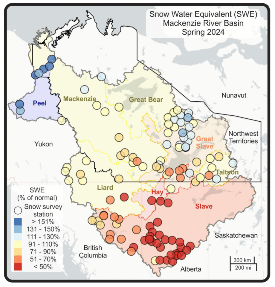 An April 2024 GNWT map of snow water equivalent – how much snow would be left behind if it melted – across the Mackenzie River basin. Red is lower than average, yellow is roughly normal, blue is above average.